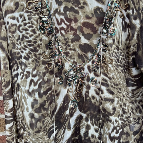 Rhona Sutton Brown and Cream Sequin Beaded Tassel Cheetah Print Chiffon Cover Up - Picture 2 of 6